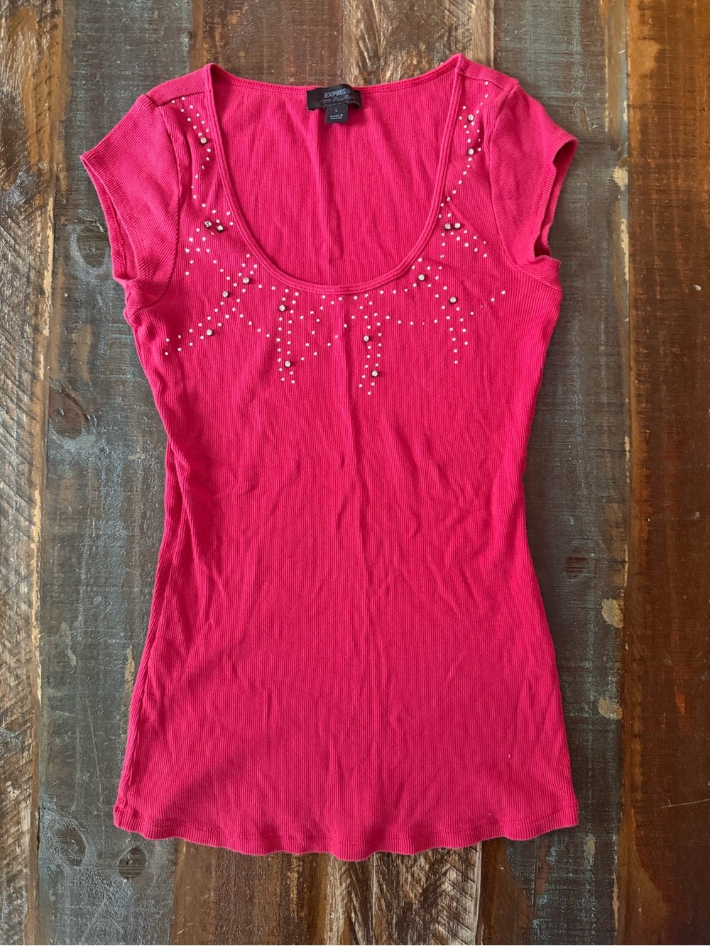 Express Women’s L Fitted Ribbed Stretchy Pink Embellished Top | SKU 0729